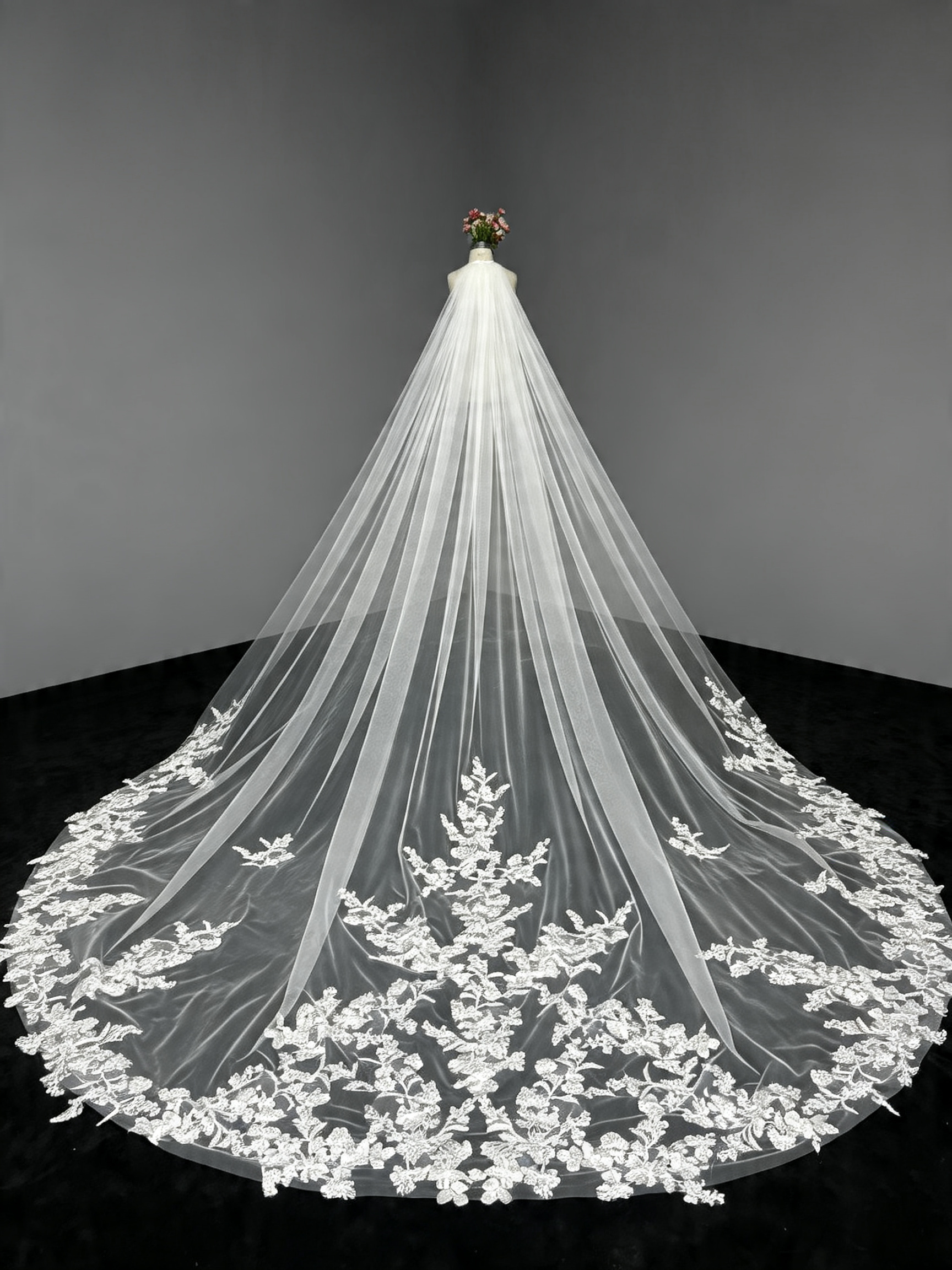 Couture-style display of full floral lace cathedral wedding veil, luxury bridal accessory
