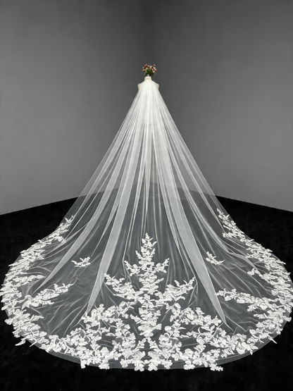 Couture-style display of full floral lace cathedral wedding veil, luxury bridal accessory