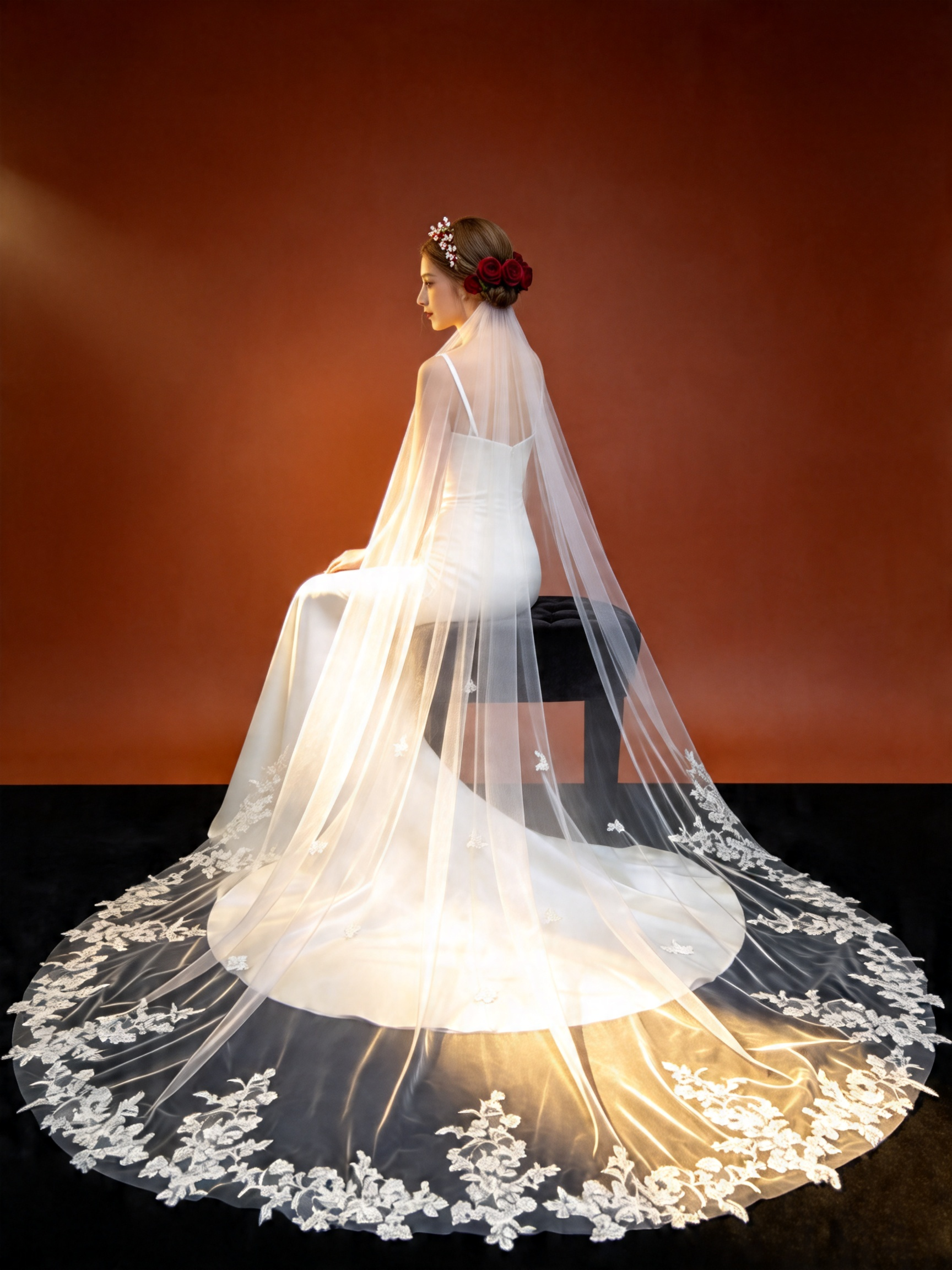 Elegant studio shot of bride wearing floral lace cathedral veil, seated pose showcasing the lace hem and sheer tulle under warm light 