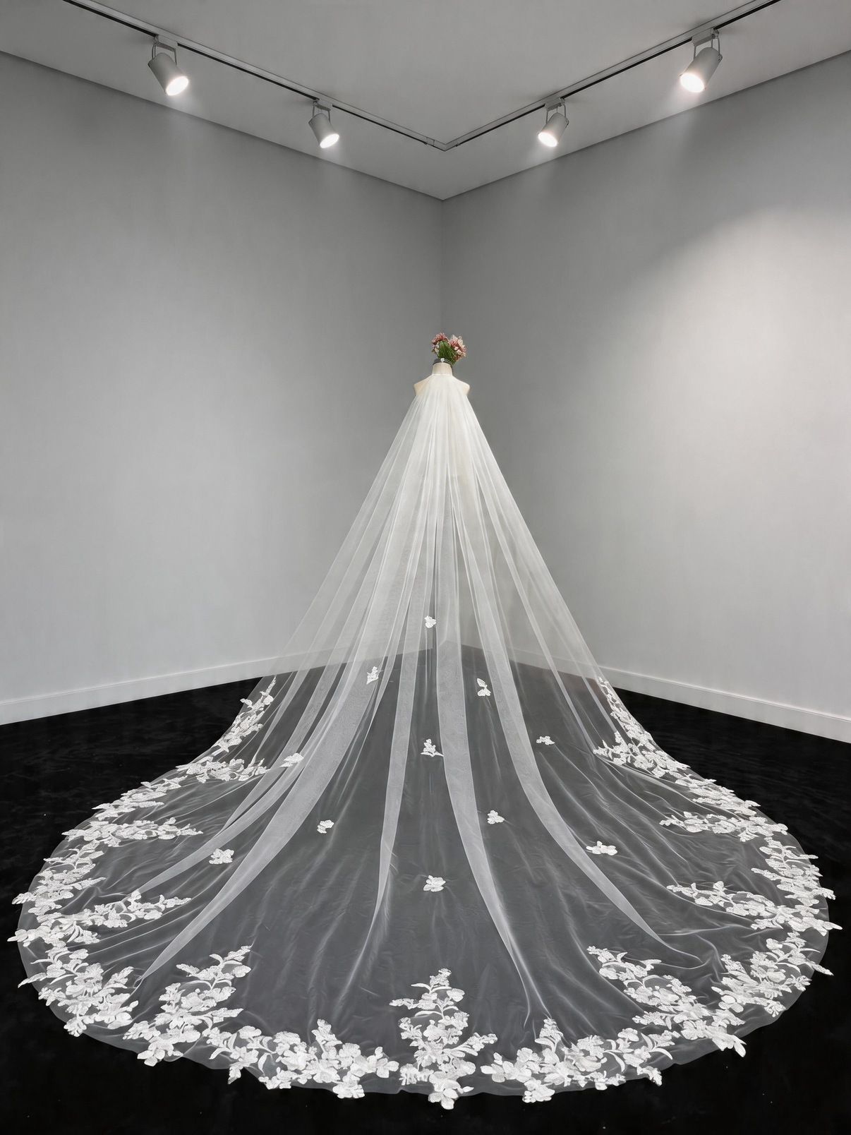 High-end floral lace cathedral wedding veil, couture-inspired design with intricate lace hem, luxury bridal accessory