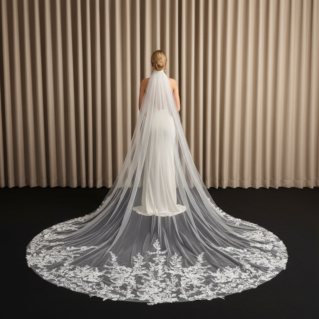 Delicate Vine & Leaf Embroidered Sheer Tulle Cathedral Veil