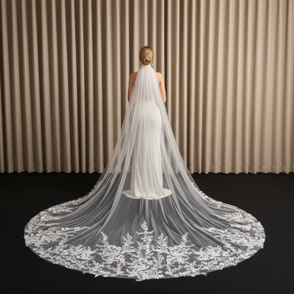 Delicate Vine & Leaf Embroidered Sheer Tulle Cathedral Veil