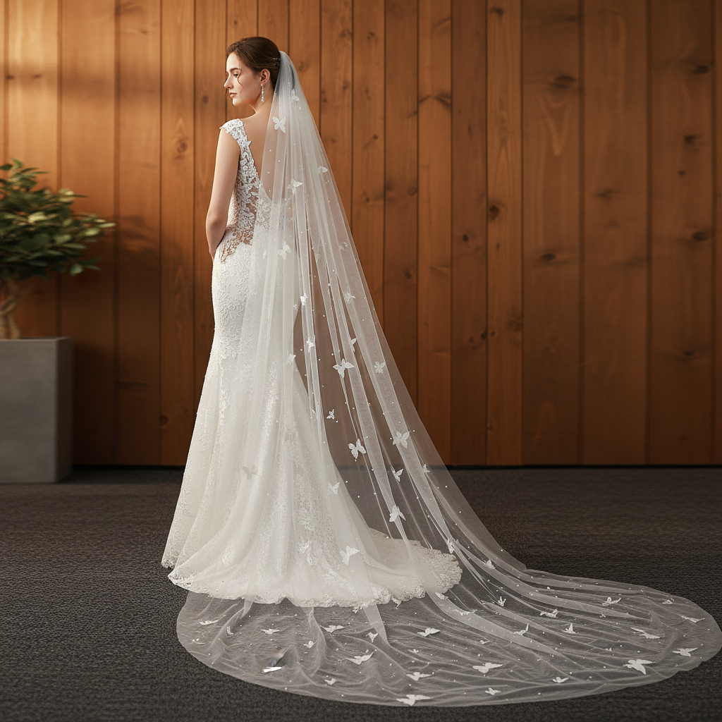 Full view of bride wearing romantic butterfly pearl cathedral wedding veil, showing the full train and scattered butterfly appliqués