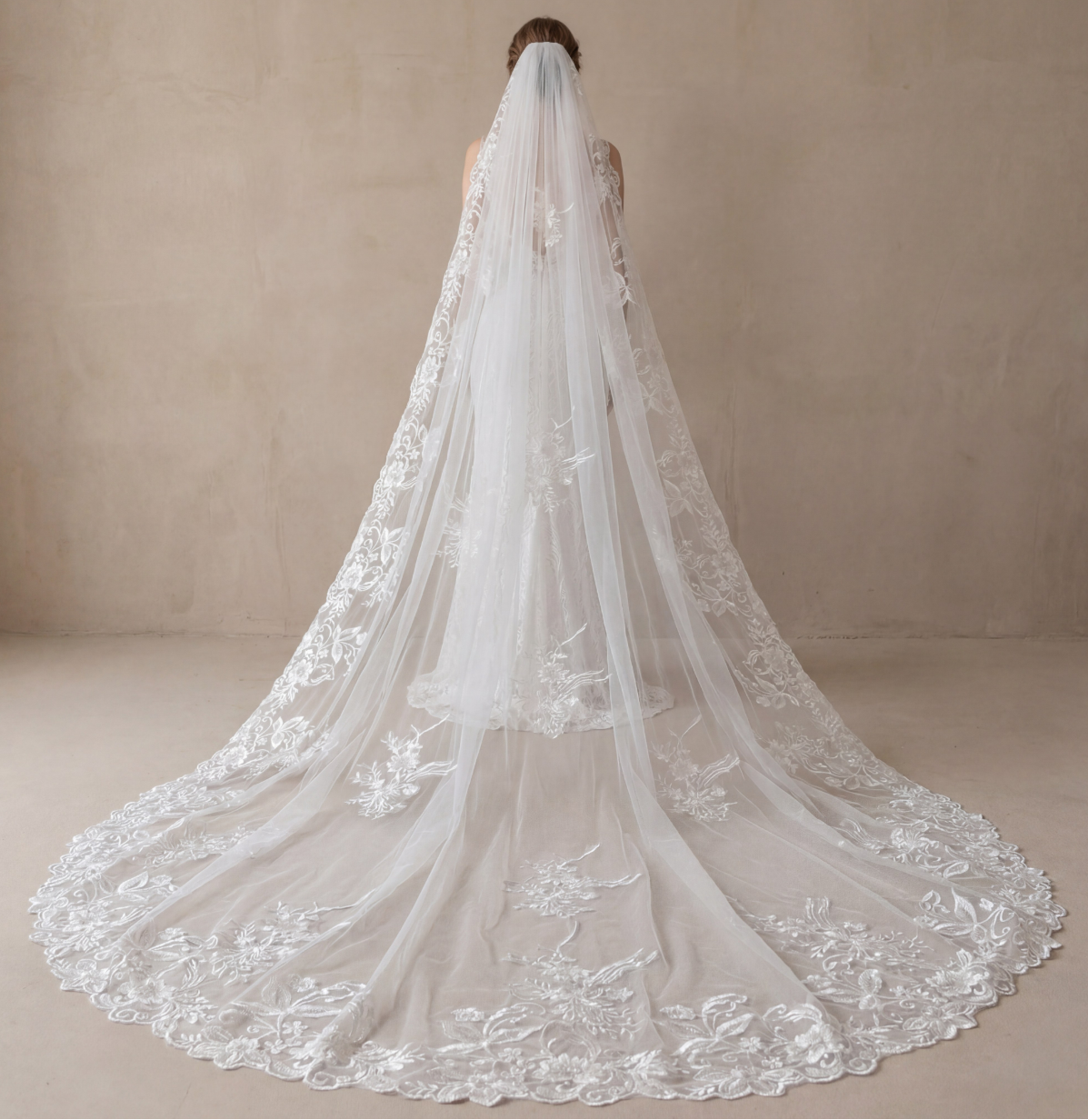 Back view of enchanted garden lace cathedral wedding veil, full floral lace train