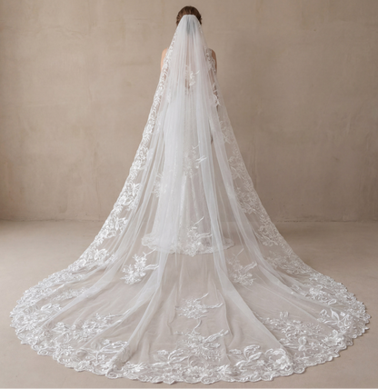 Back view of enchanted garden lace cathedral wedding veil, full floral lace train