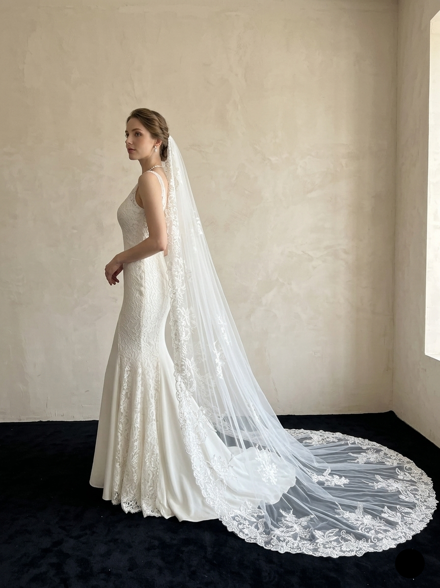 Side view studio shot of enchanted garden lace cathedral wedding veil, bridal photoshoot