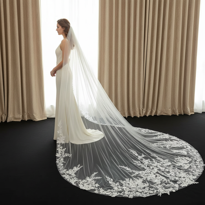 Delicate Vine & Leaf Embroidered Sheer Tulle Cathedral Veil