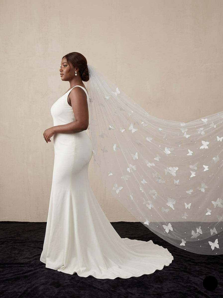 Black bride wearing romantic butterfly pearl cathedral veil, showing the flowing train and scattered butterfly appliqués