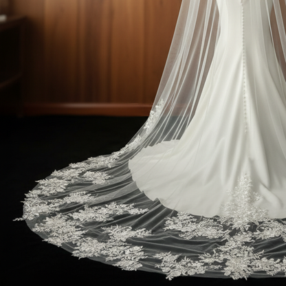 Close-up of intricate floral lace on Floral Canopy cathedral tulle veil, full circular embroidery detail