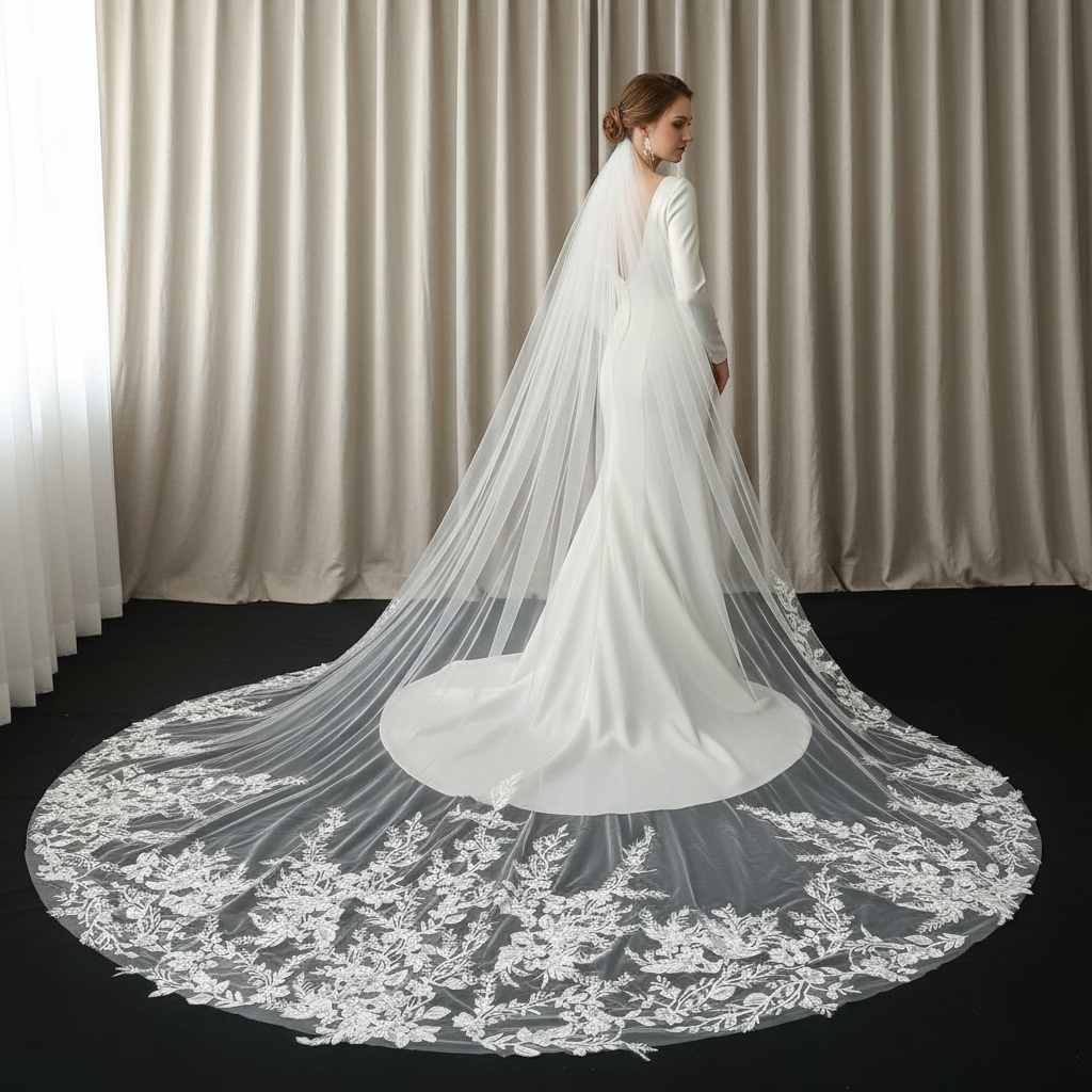 Delicate Vine & Leaf Embroidered Sheer Tulle Cathedral Veil