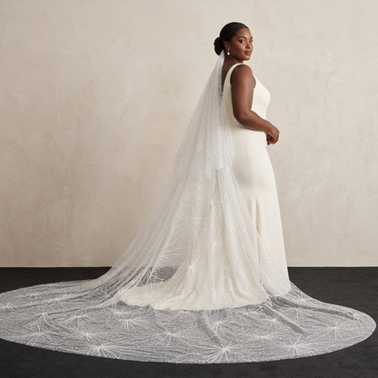 black bride wearing starburst firework glitter cathedral wedding veil
