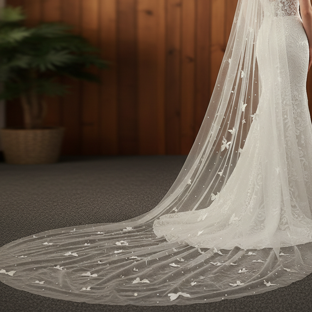Close-up of the cathedral train of a butterfly pearl wedding veil, showing scattered 3D butterflies and pearls along the edge