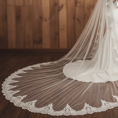 Lunar Ray cathedral tulle veil, side view of radiating lace bridal veil in studio portrait