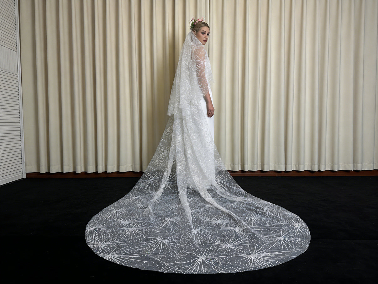 Starburst Firework Glitter Cathedral Wedding Veil with Comb