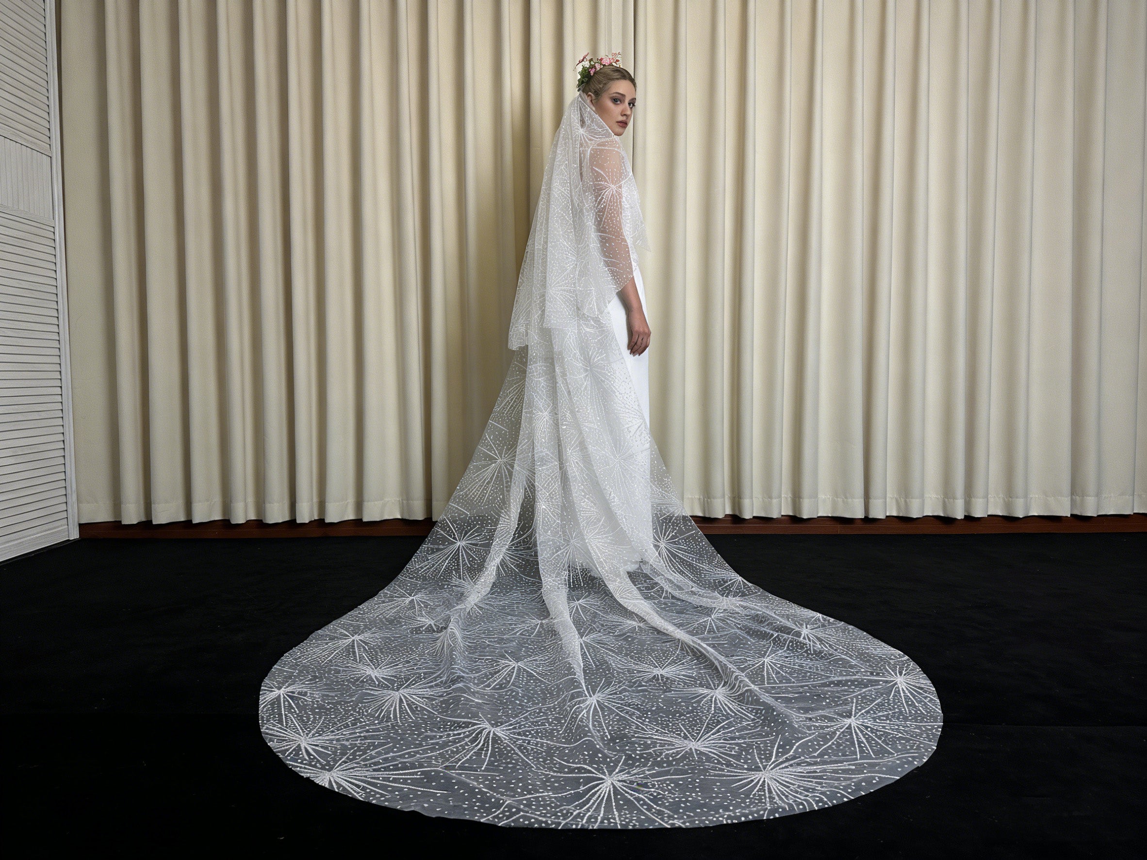 Starburst Firework Glitter Cathedral Wedding Veil with Comb