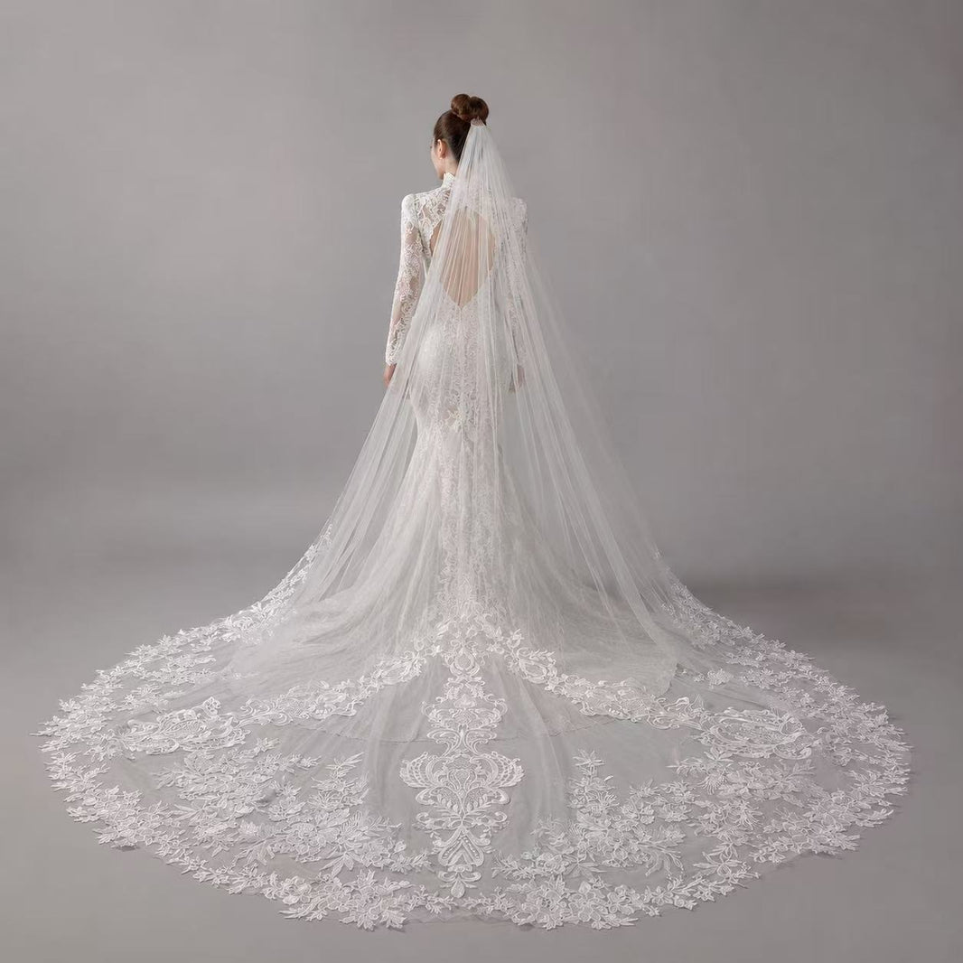 Symmetrischer floral bestickter Kathedralen-Brautschleier