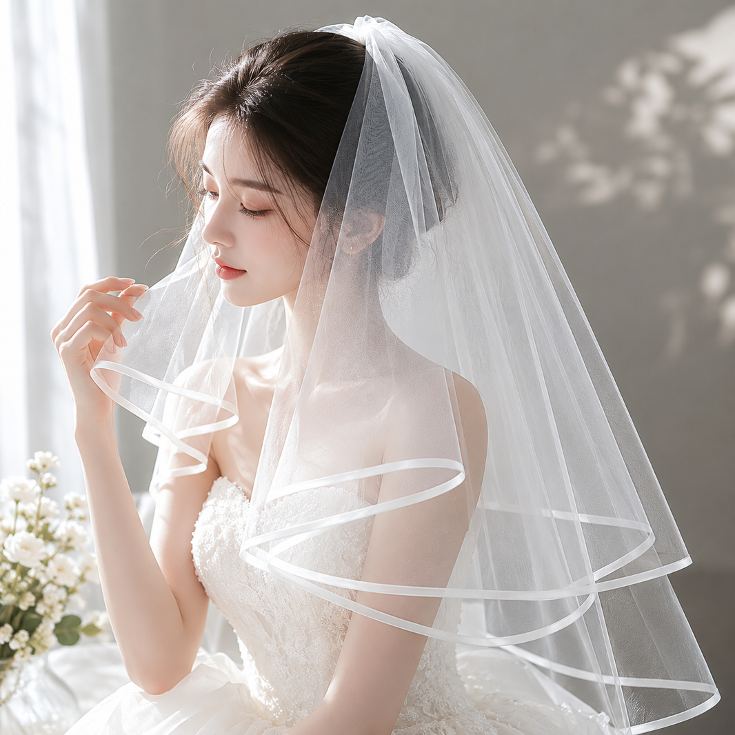 Two-Tier Satin Trim Short Wedding Veil