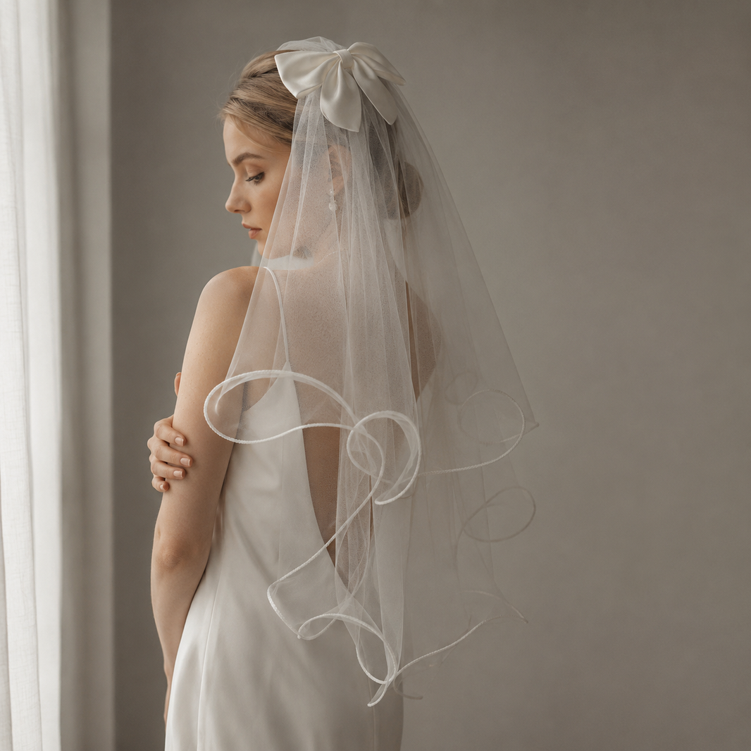 Valentina Bow Satin Trim Short Wedding Veil
