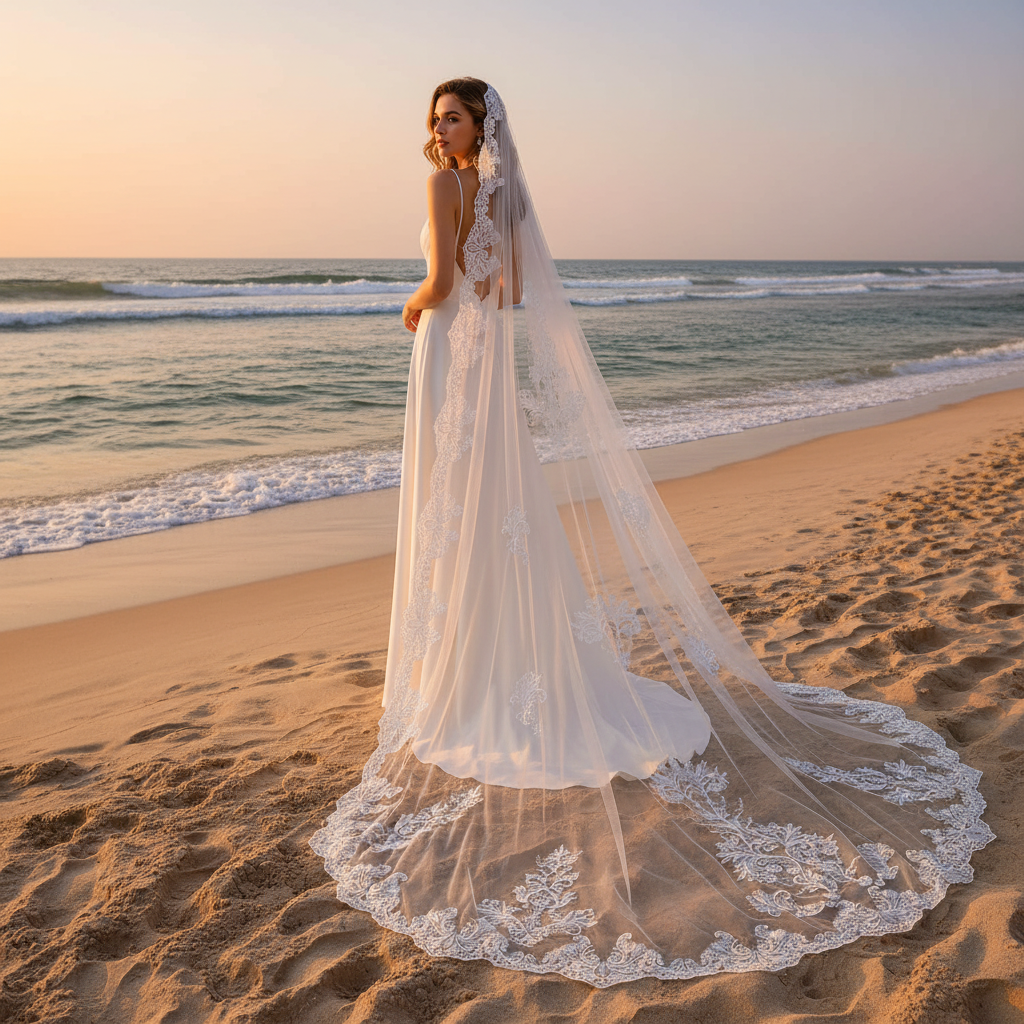 Celestial Bloom cathedral tulle veil on beach, sunset bridal photoshoot with lace train