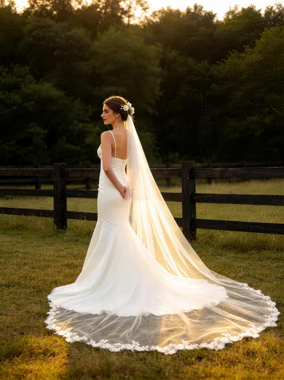 Lotus Circle cathedral tulle veil, circular floral lace bridal veil in golden hour forest wedding