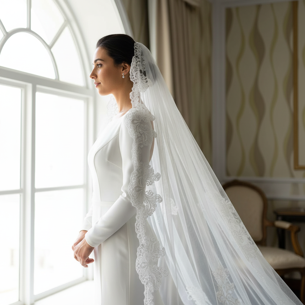 Celestial Bloom cathedral tulle veil, indoor bridal photoshoot by window light with lace trim