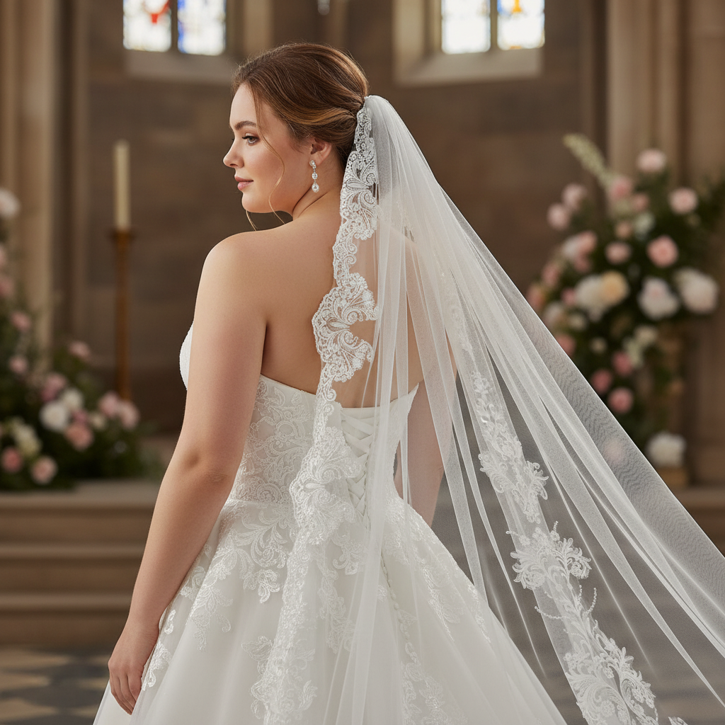 Celestial Bloom cathedral tulle veil, lace trim bridal veil for church wedding photoshoot