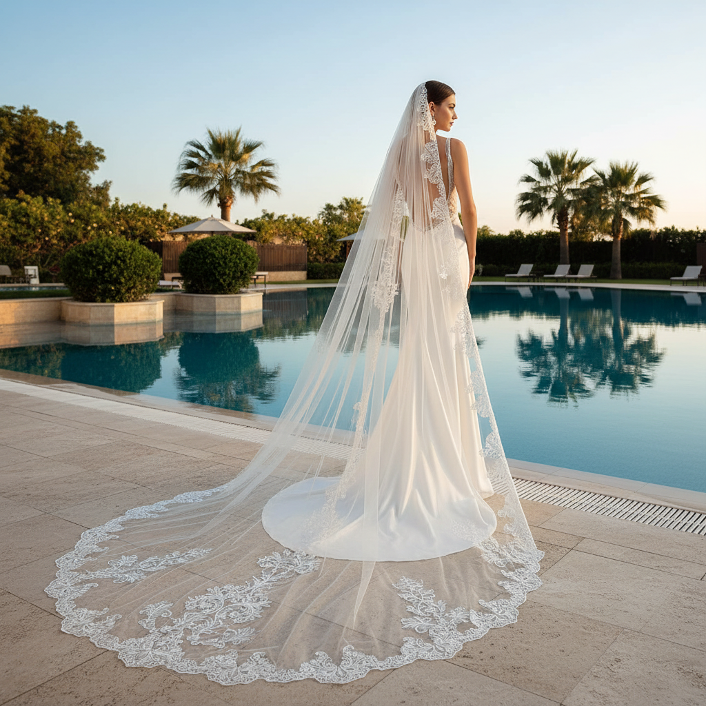 Celestial Bloom cathedral tulle veil, lace-trimmed bridal veil by poolside at sunset